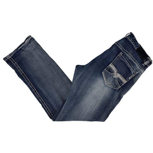 True Luck Men's Denim Jeans 40x35 Straight Leg Stonewashed Thick Stitch EUC - Picture 10 of 15